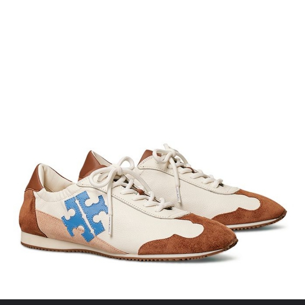 Tory Burch Cream, Brown & Blue Logo Lace-Up Sneakers
